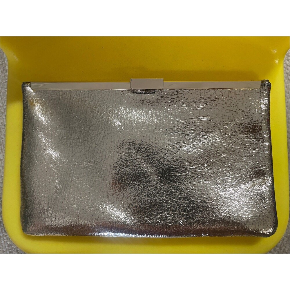 J Crew Collection Womens Faux Leather Gold Lamé Hinge Clutch Handbag Wallet